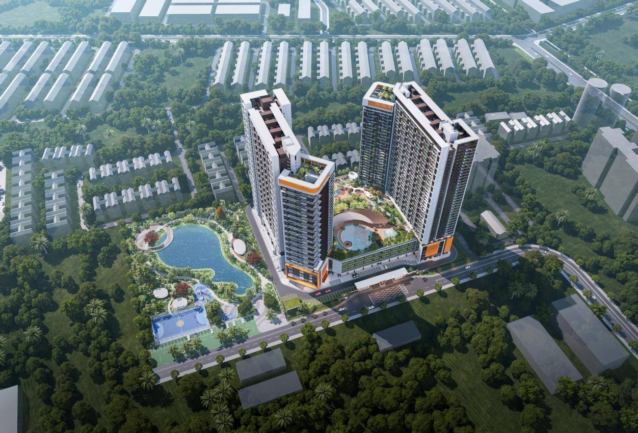 Aerial view of the development beside the lake park, artist's impression