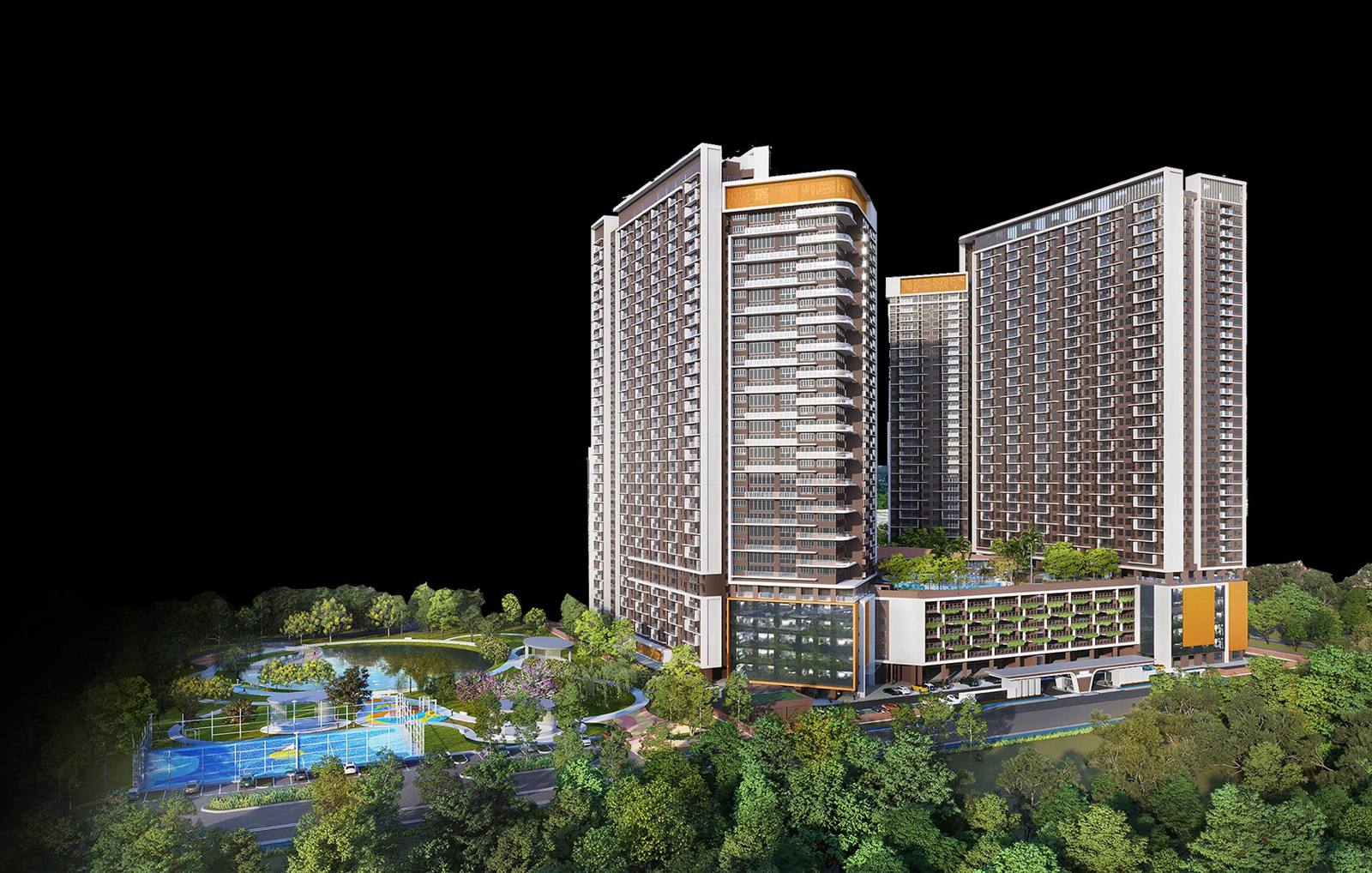 Twin residential towers rising above a lake park, artist's impression